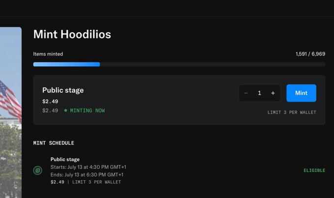 A screenshot of the "Mint Hoodilios" NFT collection page showing the public stage mint priced at $2.49 (up from a previously free price), with 1,591 of 6,969 items minted and a limit of 3 per wallet. The page confirms the user's complaint about the developer suddenly changing the mint from free to a paid $2.49 cost during the public minting window.