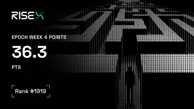 A RISE blockchain dashboard displaying 'EPOCH WEEK 4 POINTS' with 36.3 PTS earned and a rank of #1919, featuring a maze-like pixelated background.