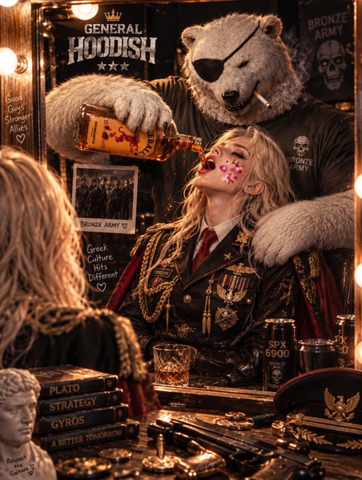 A stylized, surreal image shows a blonde woman with flower face stickers leaning back as a large bear with an eyepatch and 'BRONZE ARMY' shirt pours liquor into her mouth; text on the mirror reads 'GENERAL HOODISH' alongside various graffiti like 'Good Guys Stronger Allies' and book titles 'PLATO', 'STRATEGY', 'GYROS', 'A BETTER TOMORROW'.