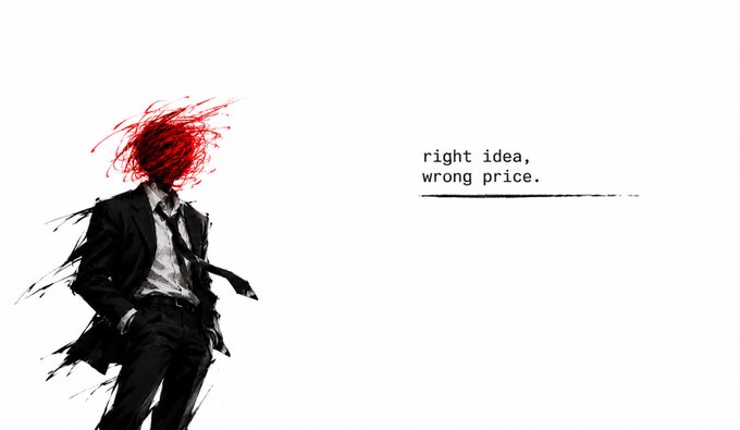 A stylized black-and-white illustration of a man in a suit with a scribbled red face is paired with the typewriter-style text 'right idea, wrong price.'