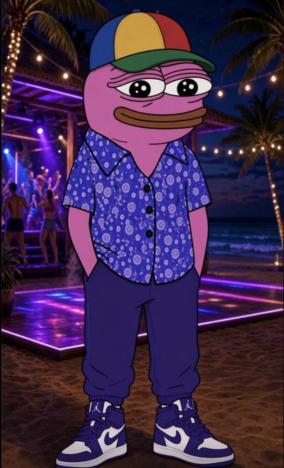 A cartoon character resembling a pink Patrick Star wearing a multicolored cap, blue patterned shirt, purple pants, and purple Jordan sneakers, standing at a beachside party with string lights.