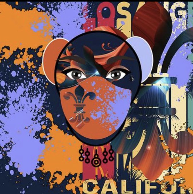 Stylized digital illustration of a masked character with large eyes and orange-toned skin, set against a textured orange and purple background with partial text 'CALIFU' visible at the bottom.