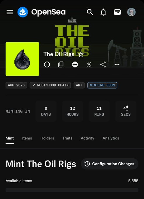 The image shows the OpenSea minting page for "The Oil Rigs" NFT collection by TheSaudisNFT on Robinhood Chain, with a countdown of 0 days, 12 hours, 11 minutes, and 4 seconds remaining until the August 2026 mint begins for 5,555 available items. This aligns with the post expressing FOMO about missing the allowlist spot, as the minting timer highlights how imminent the launch is despite the user not being prepared to participate.