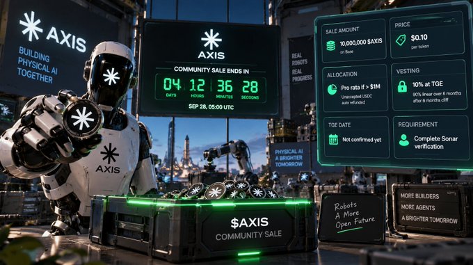 A promotional banner for the AXIS community sale featuring a white humanoid robot holding a token, a countdown timer showing '04 12 36 28', and details including 'SALE AMOUNT 10,000,000 $AXIS', 'PRICE $0.10', and 'ALLOCATION Pro rata if > $1M'.
