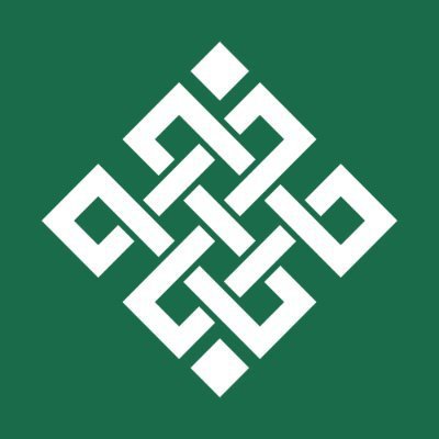 A white, geometric, interwoven knot logo is centered on a solid dark green background.