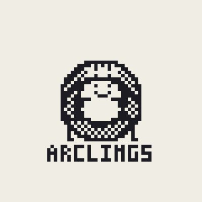 A pixel art logo featuring a black and white circular emblem with a cat-like figure inside, with the word "ARCLINGS" displayed in pixelated text below.