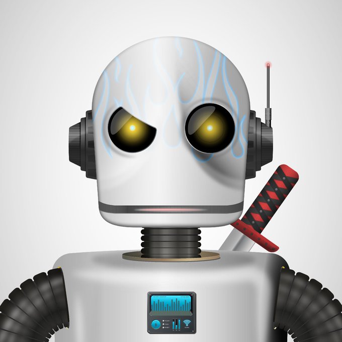 A 3D rendering of a white robot head with glowing yellow eyes, blue flame-like markings, a black corrugated neck, and a red and black katana handle strapped to its back.