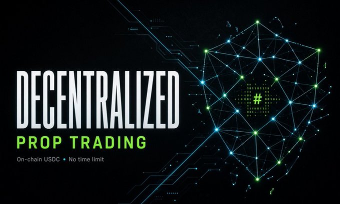 A dark promotional graphic reading 'DECENTRALIZED PROP TRADING — On-chain USDC • No time limit' alongside a glowing geometric hexagonal network design.