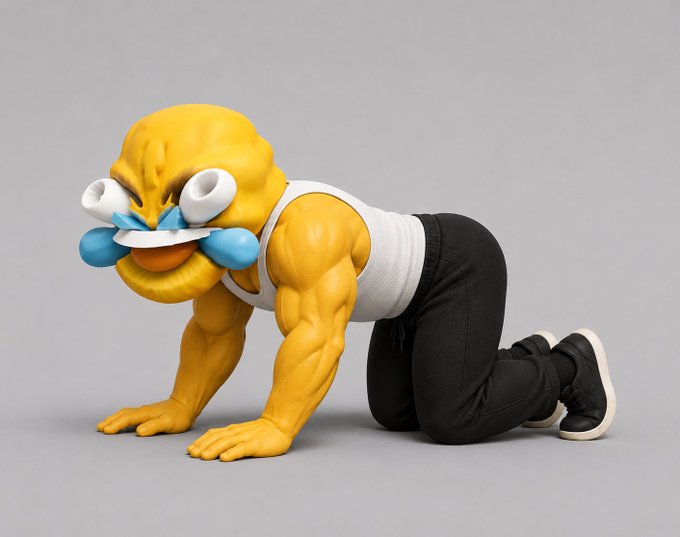 A yellow, muscular cartoon fish character wearing a white tank top, black pants, and sneakers is positioned on all fours against a plain gray background.