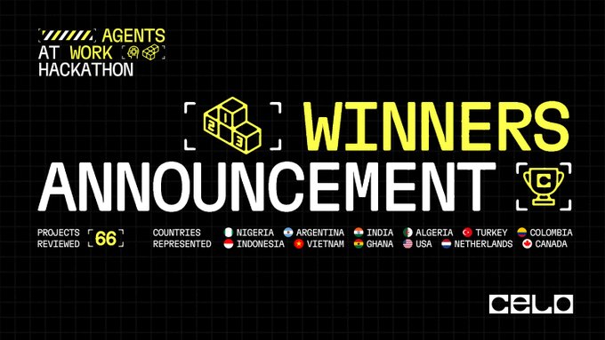 A black and yellow graphic announces the 'Winners' of the 'Agents at Work Hackathon' by Celo, noting 66 projects reviewed from various countries.
