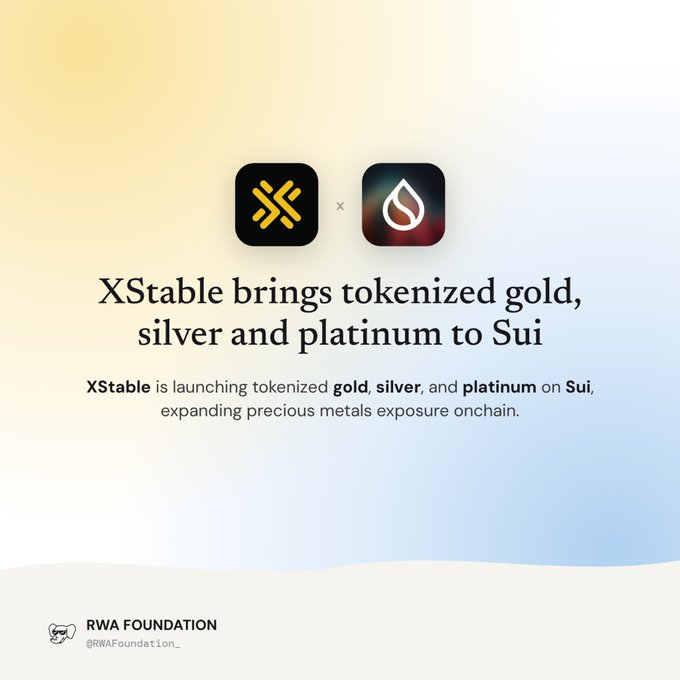A promotional graphic announces 'XStable brings tokenized gold, silver and platinum to Sui,' featuring logos for XStable and Sui, attributed to RWA Foundation (@RWAFoundation_).