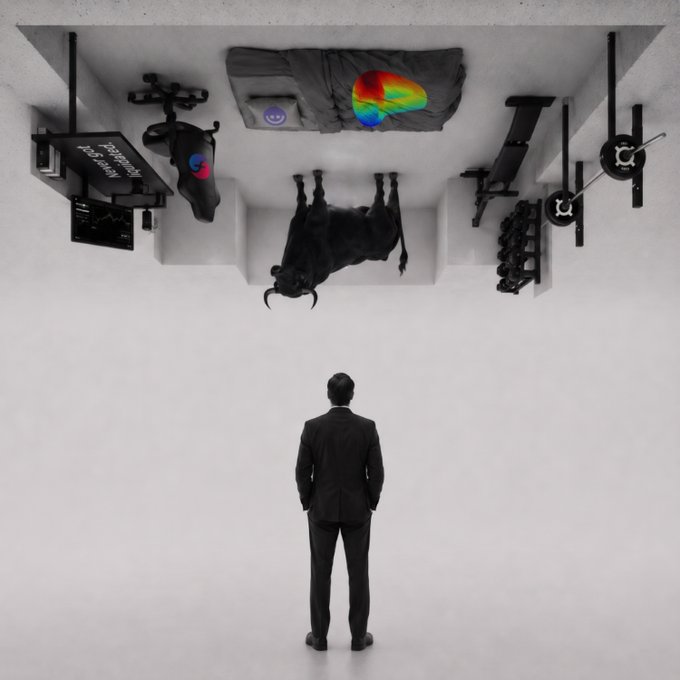 A surreal image showing a businessman in a suit standing beneath an inverted, upside-down gym with weightlifting equipment, a punching bag, and a bull.