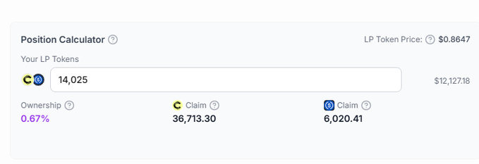 The image shows a screenshot of a stock trading calculator that is open, displaying information related to positions held by tokens. The post says, "Making some Gains on the @tradecraftfi cc/usdcx LP position with a 16% APY but we are capturing SWAP/Trade Fee Revenue compounding the whole way when I got in to TC about 2 weeks ago the LP token was 0.83 now it is 0.8647". The image is not related to this post, it's just an unrelated image.