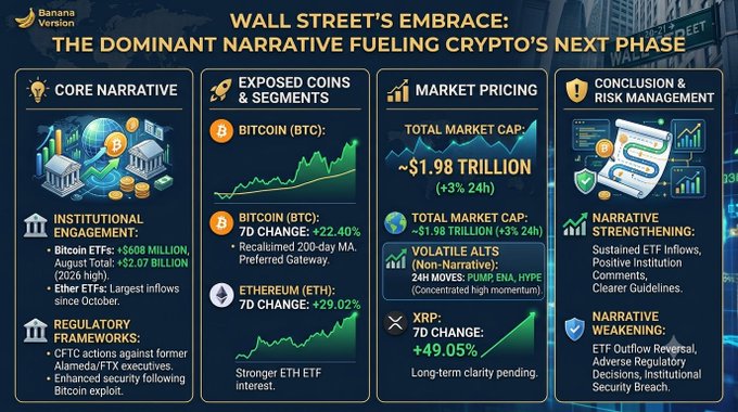 An infographic titled 'WALL STREET'S EMBRACE: THE DOMINANT NARRATIVE FUELING CRYPTO'S NEXT PHASE' from Banana Version, detailing institutional engagement, regulatory frameworks, and market pricing with BTC +22.40%, ETH +29.02%, and XRP +49.05% over 7 days, totaling a $1.98 trillion market cap.