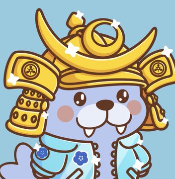 A cartoon illustration of a cute purple-blue seal-like character wearing ornate golden samurai-style armor and helmet with sparkles.
