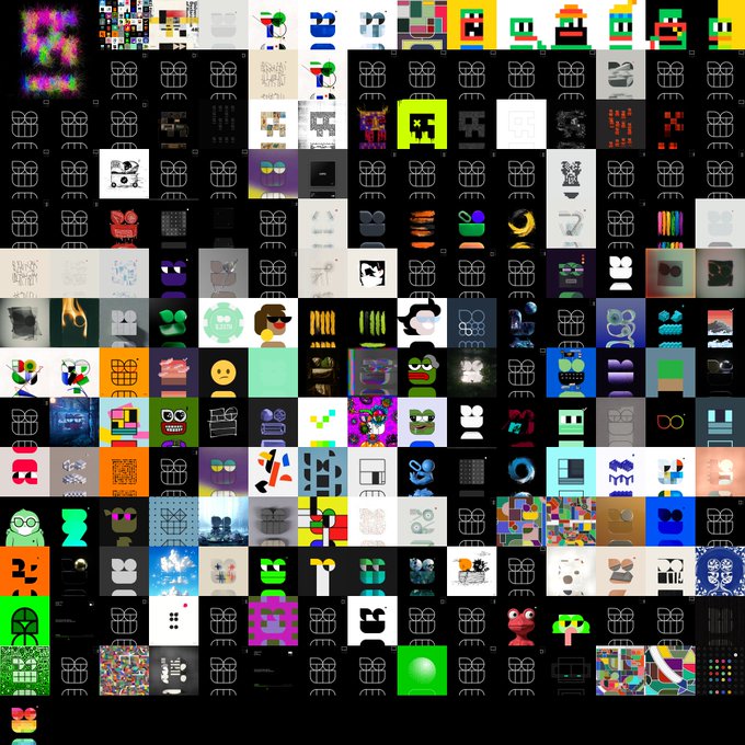 A large grid mosaic composed of dozens of small square images, many featuring abstract faces, glitch art, and digital characters on black backgrounds.