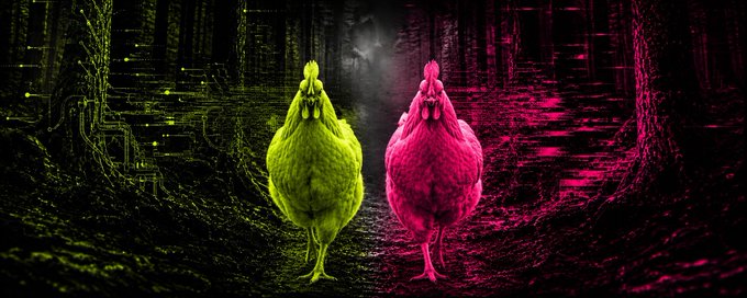 Two stylized roosters, one glowing neon green and the other magenta-pink, stand side by side against a dark, circuit-board patterned background, visually embodying the post's metaphor of two bullish coqs representing strong, dual-sided confidence in the stock ticker $PACK.