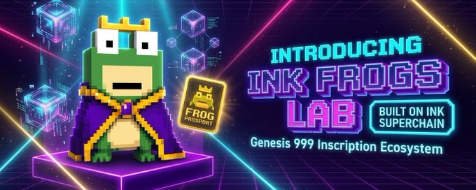 A vibrant promotional banner reads 'INTRODUCING INK FROGS LAB BUILT ON INK SUPERCHAIN Genesis 999 Inscription Ecosystem,' featuring a pixel-art frog wearing a crown and purple cape.