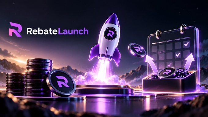 A promotional graphic for 'RebateLaunch' featuring a 3D purple rocket lifting off with coin-like logos bearing the letter 'R', a calendar, and stacks of coins.