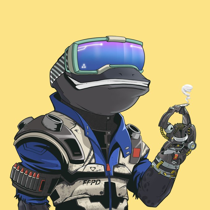 A digital illustration of an anthropomorphic black frog/duck character wearing ski goggles, tactical vest marked 'FFPD', and holding smoking equipment against a yellow background.