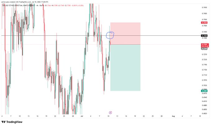 A TradingView chart of SUI/USD shows a clear rejection from the 0.7405 resistance level (highlighted in red) with a short position setup marked by a pink sell zone targeting the 0.6953 support area (green zone), supporting the trader's bearish bias aligned with BTC weakness.