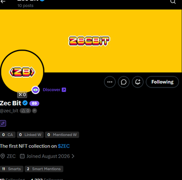 A Twitter/X profile page for 'Zec Bit' (@zec_bit), described as 'The first NFT collection on $ZEC', featuring a yellow and black 'ZECBIT' banner.