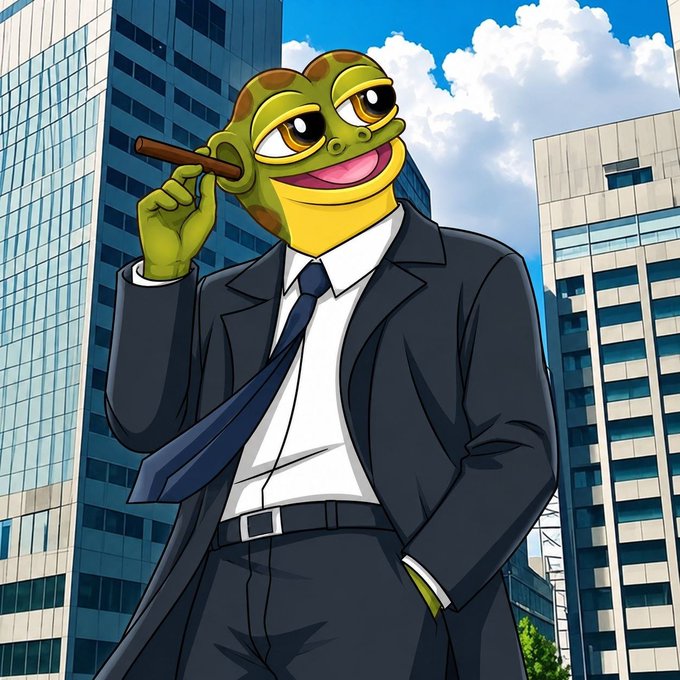 An anime-style illustration of a character with a green frog head wearing a dark business suit and tie, holding a cigar in a city setting.