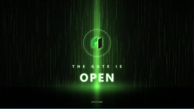A dark promotional graphic with green digital rain effects and a logo, displaying the text "THE GATE IS OPEN" and "loxi.trade".