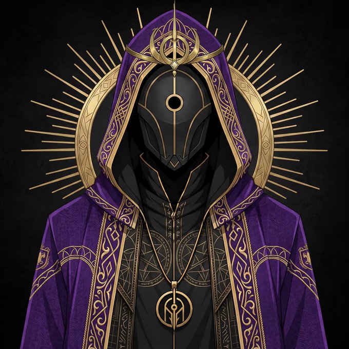 A stylized digital illustration of a mysterious figure wearing a purple and gold hooded cloak with an ornate mask and a sunburst halo design.