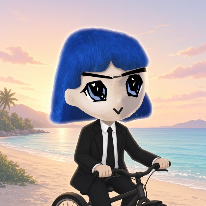 A digital illustration of a chibi-style character with large blue eyes and blue bobbed hair wearing a black suit, riding a bicycle along a tropical beach at sunset.