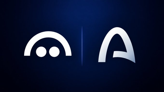 Two stylized silver icons—one resembling a face or visor and the other the letter 'A'—are displayed side-by-side against a dark blue gradient background.