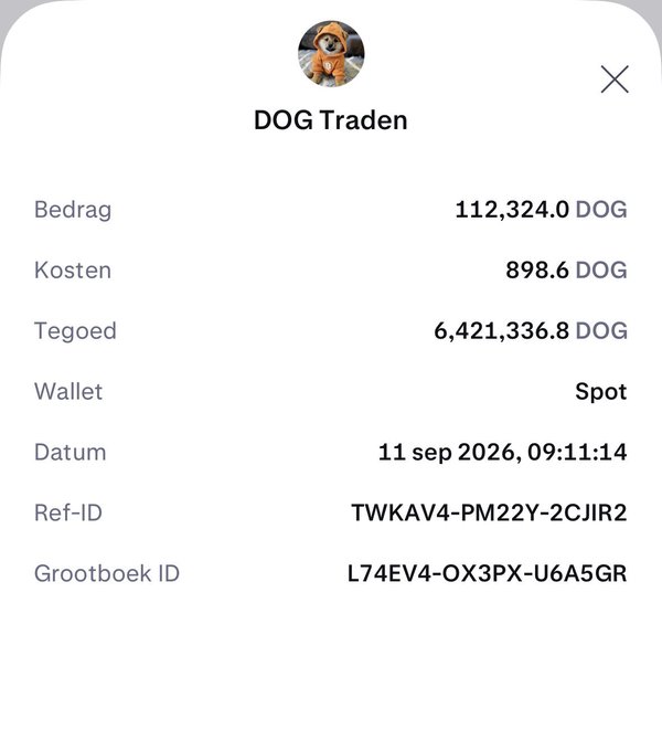 Transaction receipt screenshot titled 'DOG Traden' showing 112,324.0 DOG traded at a cost of 898.6 DOG with a 'Spot' wallet, dated 11 sep 2026.