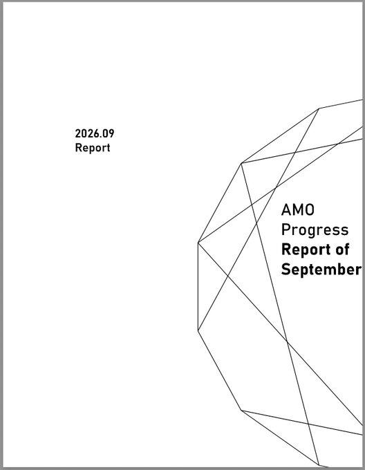 A minimalist cover page for a '2026.09 Report,' titled 'AMO Progress Report of September,' featuring a geometric line drawing of a partial sphere on the right side.