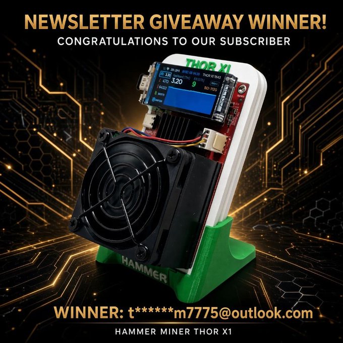A promotional graphic announces "NEWSLETTER GIVEAWAY WINNER!" with "CONGRATULATIONS TO OUR SUBSCRIBER" and reveals the winner's partially redacted email as "WINNER: t******m7775@outlook.com," featuring a Hammer Miner Thor X1 Bitcoin miner displayed on its stand. The image directly corresponds to the accompanying post celebrating the giveaway of this specific mining device to a lucky subscriber.