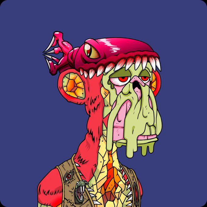 A stylized cartoon ape wears a red dinosaur-like hood with sharp teeth, its green droopy face appearing weary against a deep blue backdrop, while its red furred torso is clad in a rugged vest with spikes and buckles—visually echoing the post's "Ape for Life" tagline with a gritty, primal survival vibe.