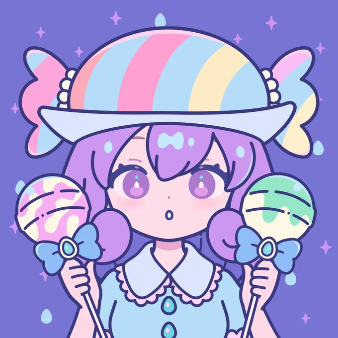 A pastel-colored illustration of an anime-style girl with purple hair and a striped bonnet, holding two lollipops against a purple background with stars.