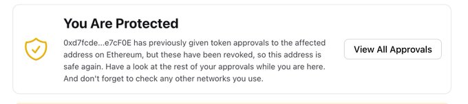 A security notification titled 'You Are Protected' indicates that the address 0xd7fcde...e7cF0E previously granted token approvals on Ethereum, but these have been revoked. A 'View All Approvals' button is displayed alongside a shield icon.