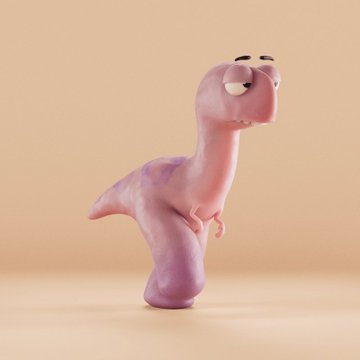 3D render of a small, cute purple and pink dinosaur figurine with a smiling face against a beige background.