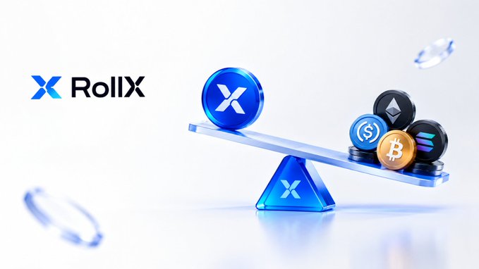 A 3D rendered graphic for 'RollX' showing a blue 'X' coin on one side of a seesaw and a pile of cryptocurrency coins (including Bitcoin and Ethereum) on the other side, balanced on a triangular fulcrum.