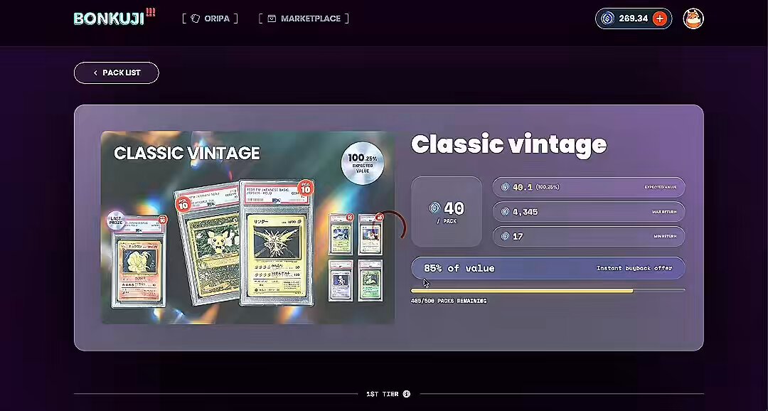 The image shows a computer screen displaying a website called BonkJi, which sells vintage trading cards for collectors. The card collection includes various types of cards, such as Pokémon cards, Magic: The Gathering cards, and Yu-Gi-Oh! cards. The website offers these cards in packs, allowing collectors to easily browse and purchase their desired items.