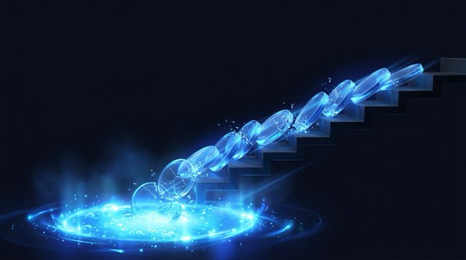 A fantasy digital artwork depicting glowing blue magical circles cascading down a stone staircase into a swirling, luminous portal surrounded by mist.