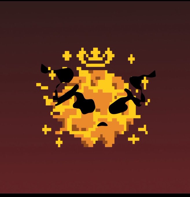 A pixel-art yellow sun wearing a crown with angry black eyes on a dark red background, with yellow plus-sign sparkles around it.
