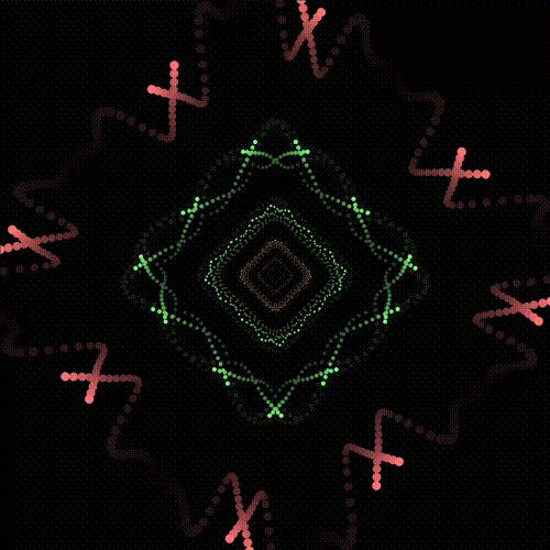 The image features a black background with a pattern of green dots arranged in a diamond shape. The dots are connected by lines, creating an intricate design that resembles a kaleidoscope or a complex geometric pattern. The dots vary in size and position, adding depth and dimension to the overall composition. The image is filled with various shades of green, ranging from light to dark, which further enhances its visual appeal.