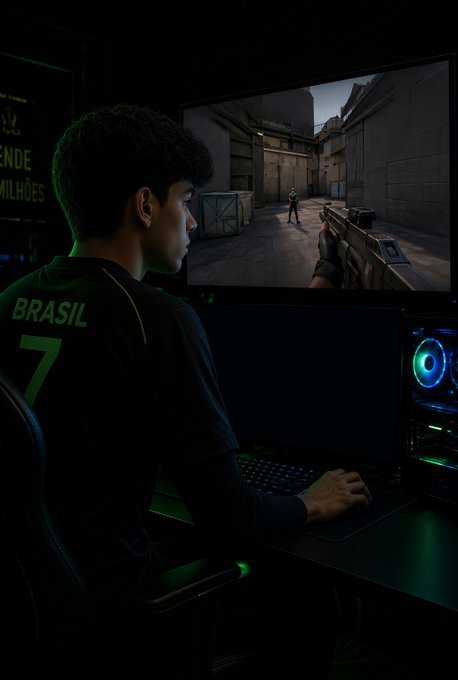 A gamer in a "BRASIL 7" jersey is intensely focused on playing a first-person shooter game on his monitor in a dark, ambient-lit gaming setup. The image illustrates the post's theme of earning money by playing games, showing the concentration and skill required for this type of work.