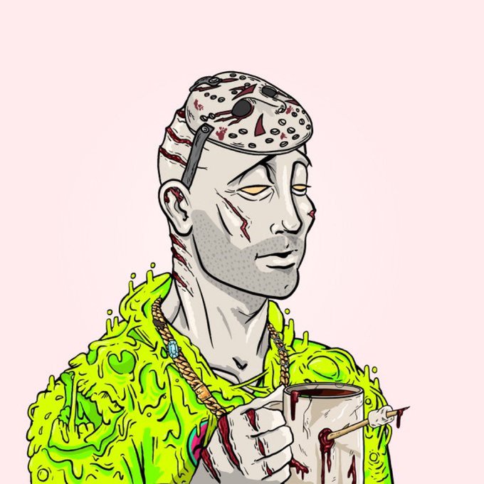 An illustrated zombie-like figure with a hockey mask (Jason Voorhees-style) and a yellow-green slime-covered hoodie holds a bloodied mug, evoking the "zombie CT bull" meme shared among crypto Twitter community members.