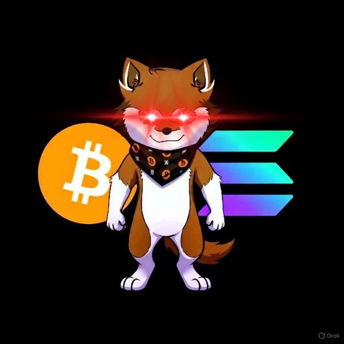 An anthropomorphic fox with glowing red eyes and a crypto-themed bandana stands between an orange Bitcoin logo and colorful Solana-style stripes. The image accompanies a post about $LOBO and Runes #9, using the fierce, laser-eyed fox mascot to hype the Bitcoin Runes community.
