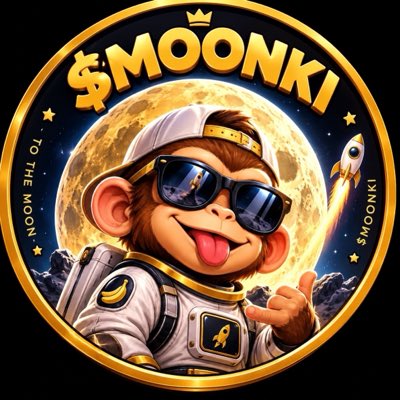 A circular cryptocurrency-style logo featuring a cartoon monkey in an astronaut suit and sunglasses, with "$MOONKI" text, "TO THE MOON" and "MOONKI" on the sides, set against a large moon and a rocket launching.