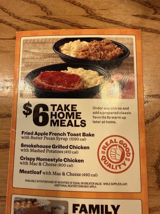 A Cracker Barrel flyer advertising "$6 TAKE HOME MEALS" featuring items like Fried Apple French Toast Bake, Smokebouse Grilled Chicken, Crispy Homestyle Chicken, and Meatloaf.