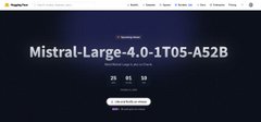 A dark-themed webpage screenshot displays "Mistral-Large-4.0-1T05-A52B" in large white text, with smaller "25 01 13" date numbers below it, likely showcasing a community-made project by @LaChatonFat powered by Mistral AI and Higgsfield as indicated by the accompanying caption.