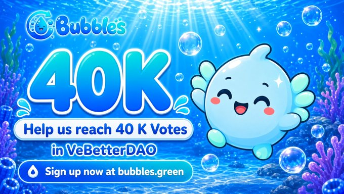 A vibrant underwater-themed promotional graphic for 'Bubbles' featuring a cute water droplet character, with text reading '40K - Help us reach 40 K Votes in VeBetterDAO' and 'Sign up now at bubbles.green'.